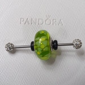 Pandora XL Vintage Silver Green Flowers Murano Glass Charm (2 Listed Separately)